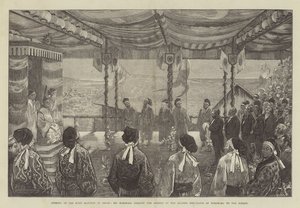 Apertura del primer ferrocarril en Japón, el Sr. Marshall leyendo el discurso de los principales comerciantes de Yokohama al Mikado